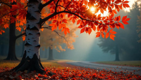 Autumn leaves on a birch tree landscape background