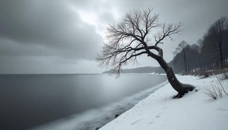 Winter tree leaning over calm lake with snow coverの写真素材
