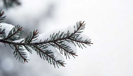 Evergreen bough covered in fresh snow against bright sky