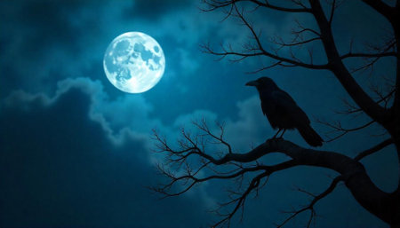 Raven silhouette on a branch against a full moonの写真素材