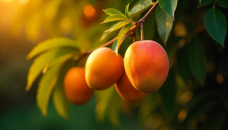 Ripe peaches hanging on tree branch in golden sunlightの写真素材
