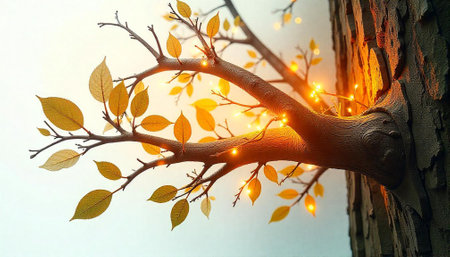 Warm Golden Leaves with Festive Lights on a Tree