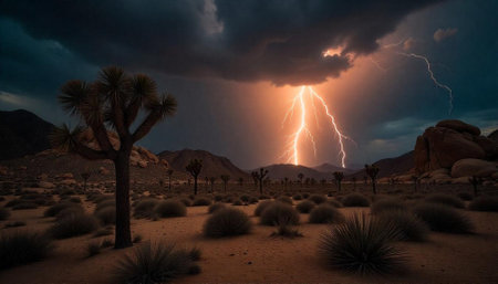 Dramatic lightning strikes desert landscape at twilight hour imageの写真素材