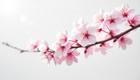Soft pink cherry blossoms on branch against white backgroundの写真素材
