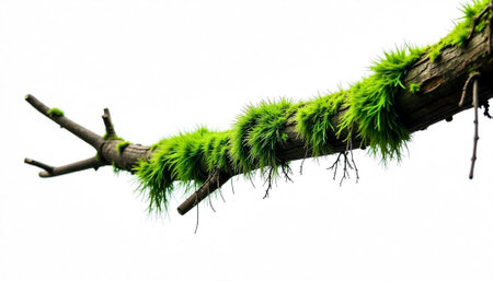 Moss covered branch isolated against white background close-up viewの写真素材