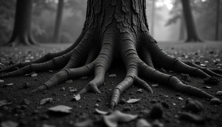Monochrome image of tree roots spreading across forest floorの写真素材