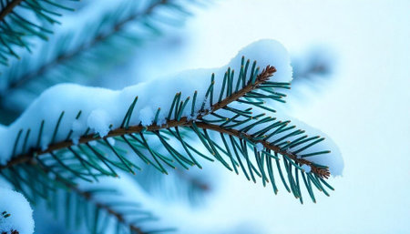 Evergreen branch laden with snow in winter setting outdoors