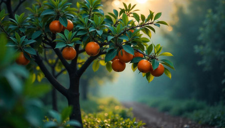 Orange tree in soft sunlight by path through natureの写真素材
