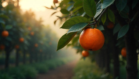 Close up of orange fruit hanging from tree branchの写真素材