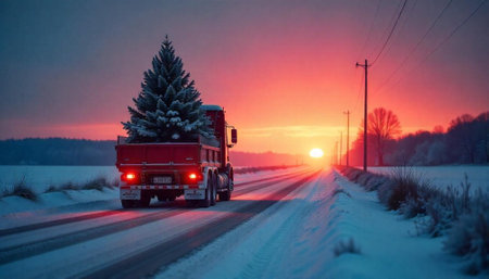 Truck transporting Christmas tree on snowy road at sunriseの写真素材