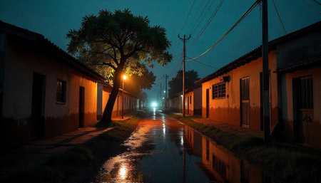 Quiet street with reflections after rain in the nightの写真素材