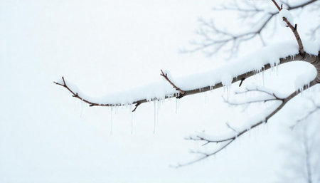 Snow-covered tree branch with icicles against a white backdropの写真素材