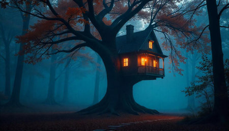 Enchanting treehouse nestled in a misty autumn forest sceneの写真素材