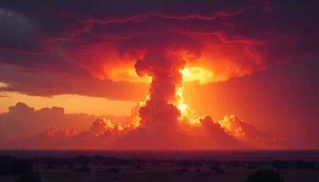 Dramatic fiery explosion creating mushroom cloud over dark landscapeの写真素材