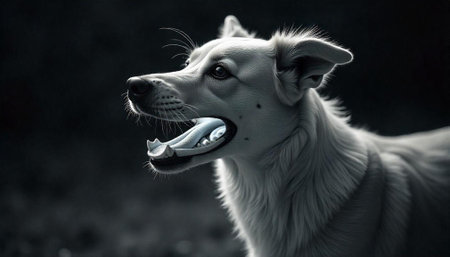 Dog portrait with open mouth in monochrome shadesの写真素材