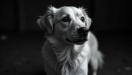 Monochrome golden retriever portrait with soft light and shadows