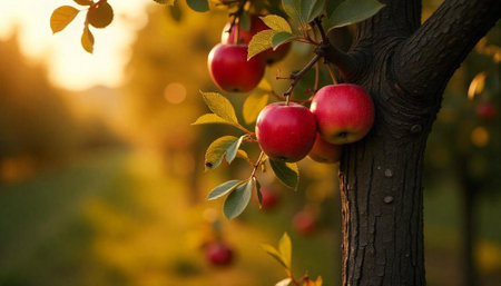 Ripe red apples on tree branch during golden hourの写真素材