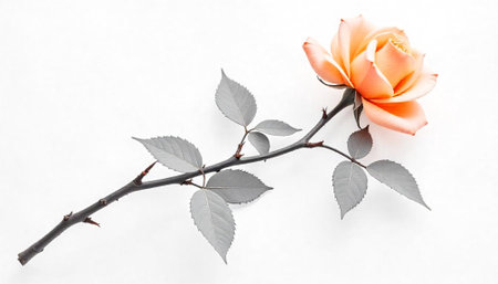 Single salmon rose with branch and leaves on whiteの写真素材