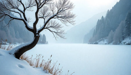 Winter landscape with bare tree on snowy hillside overlooking lakeの写真素材