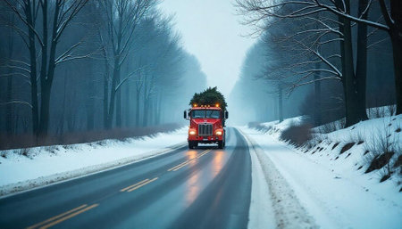 Red truck carrying Christmas tree on snowy winter roadの写真素材