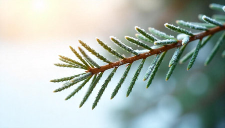 Close-up of a fir branch covered with delicate frost