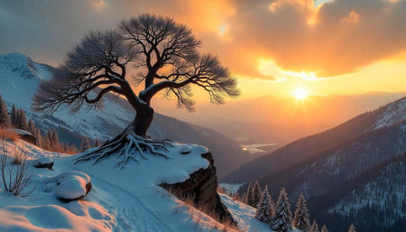 Snowy tree on a mountaintop at golden sunsetの写真素材