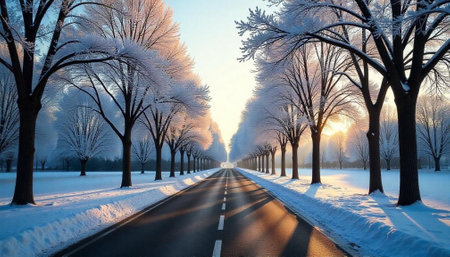 Winter road with snow covered trees on sunny dayの写真素材