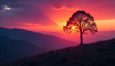 Serene sunset landscape with solitary tree and rolling hillsの写真素材