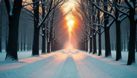 Winter forest road with trees at sunrise or sunset