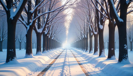 Snow covered road lined with trees in winterの写真素材