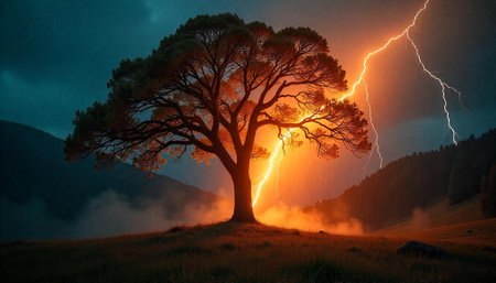 Dramatic lightning striking near lone tree during stormy weatherの写真素材