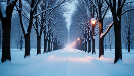 Serene winter landscape with snow-covered road and treesの写真素材