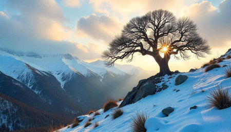 Lone tree catches sunrise in a snowy mountain landscapeの写真素材
