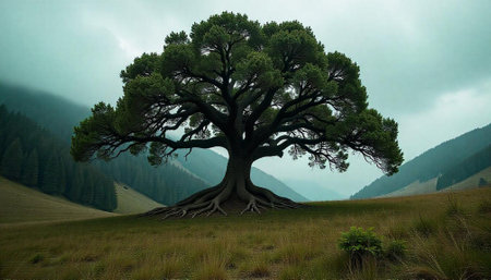 Majestic tree with expansive roots, landscape, and misty mountainsの写真素材