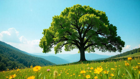 Majestic tree standing tall in a vibrant meadow sceneの写真素材