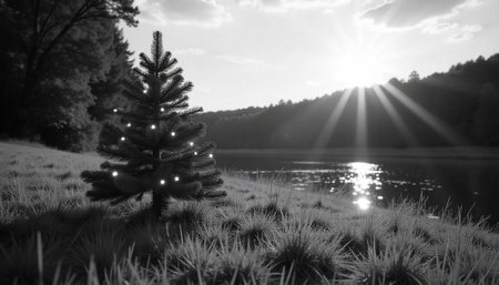 Decorated Christmas tree by lake with sun in backgroundの写真素材