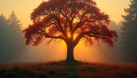 Magnificent Autumn Tree Glowing in Golden Sunrise Lightの写真素材