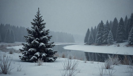 Snowy pine tree by a river in winter landscapeの写真素材
