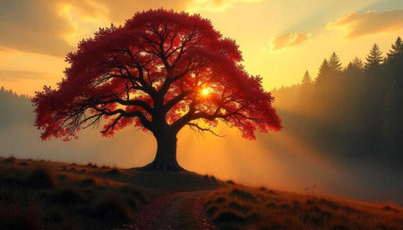 Solitary red tree silhouette at sunset on misty landscapeの写真素材