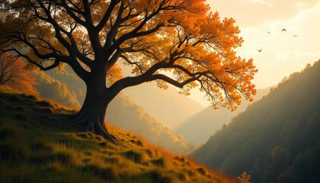 Golden autumn tree overlooking misty hills landscape sceneryの写真素材
