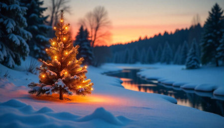Glowing Christmas tree in snowy winter landscape at sunsetの写真素材