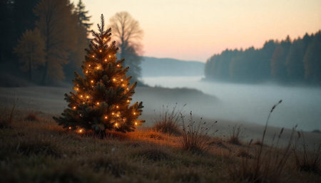 Illuminated Christmas tree in foggy landscape at sunrise