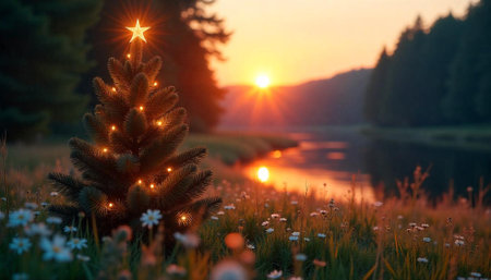 Christmas tree in nature at sunrise with golden light