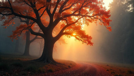 Majestic Autumn Tree Bathed in Golden Light Landscape Sceneの写真素材
