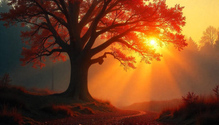 Majestic tree at sunset with red leaves and sunshineの写真素材