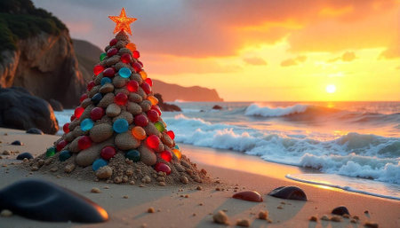 Festive sand Christmas tree adorned with ornaments on beach