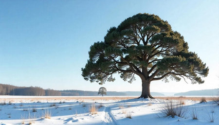 Solitary tree stands proud in snowy winter landscapeの写真素材