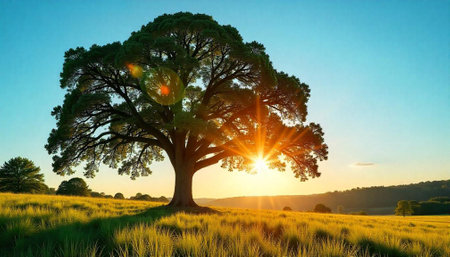 Majestic oak tree in golden field with sunbeams light