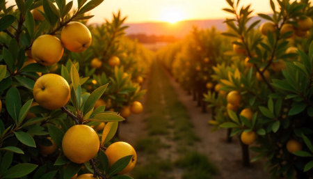 Sunlit orange orchard at sunset, perspective view of trees