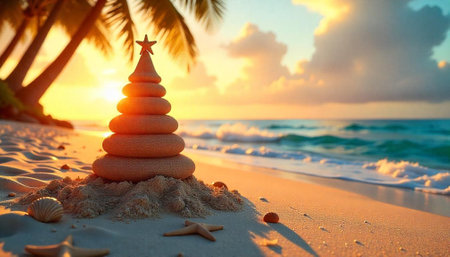 Tropical Christmas: Sand Christmas Tree at Sunset on Beach